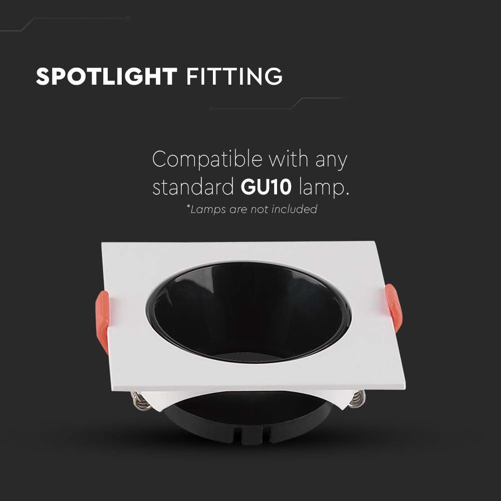 GU10 lampe i firkantet hvid ramme med sort reflektor - V-Tac Pro serie med 3 års producent garanti.