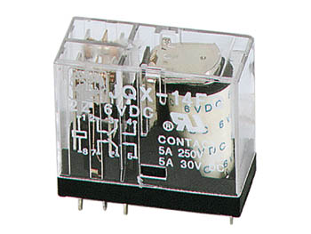Vertikalt relæ - 12VDC 5A, 2 x skifte (DPDT), 8-ben (5mm)