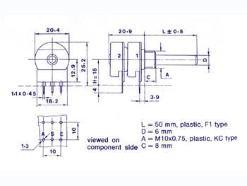 Potmeter - 220kOhm lin. stereo (Ø6mm)(print eller loddeben)