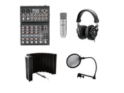 Podcast sæt m. mixer, hovedtelefon, mikrofon og støjfiltre