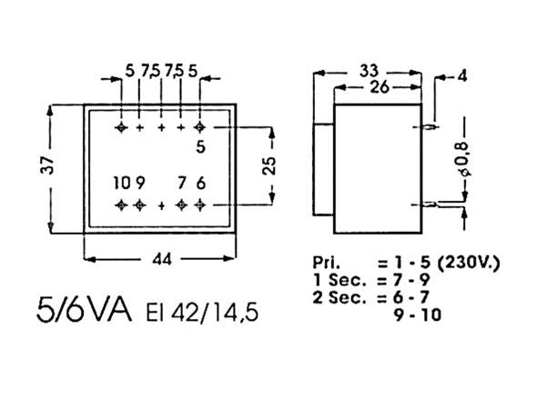 230V printtransformator - 5VA 2 x 7,5V / 2 x 334mA