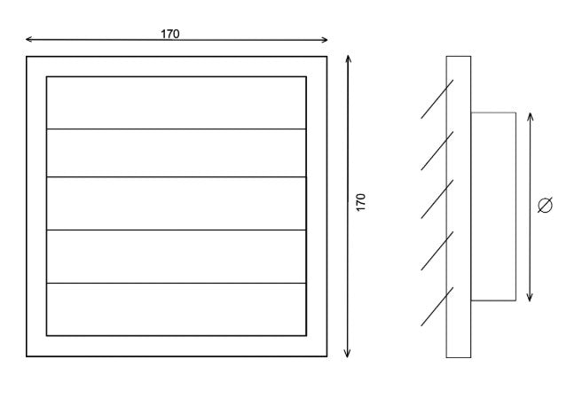 Ventilationsrist m. lukkespjæld - 170x170mm Ø120mm, Grå