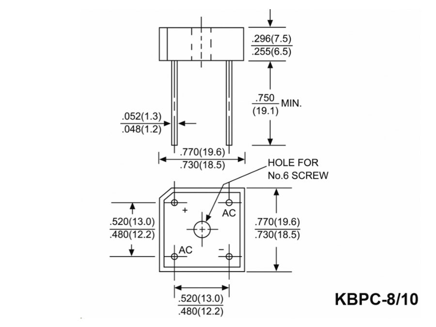Brokobling, enkelt-fase, 1000V 10A m. printben (KBPC-8/10)
