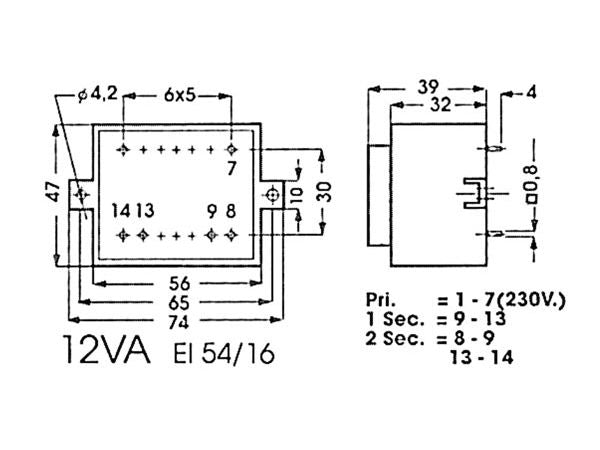 230V printtransformator - 12VA 2 x 7,5V / 2 x 800mA