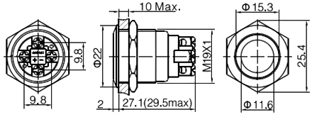 Vandalsikret stålkontakt, 1P OFF-(ON) Ø19mm Rød/grøn 24V LED