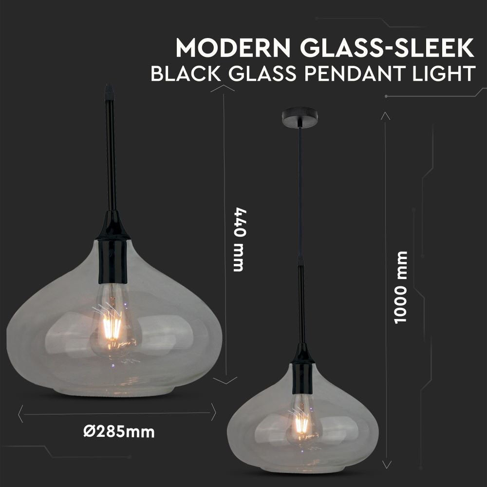 Moderne glas pendellampe i glansfuldt sort design med en diameter på 280 mm og E27 fatning.