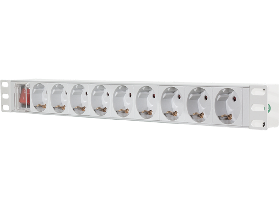 19" El-rackpanel - 9 x CEE7/3 hun, ON/OFF kontakt, Grå (2m)