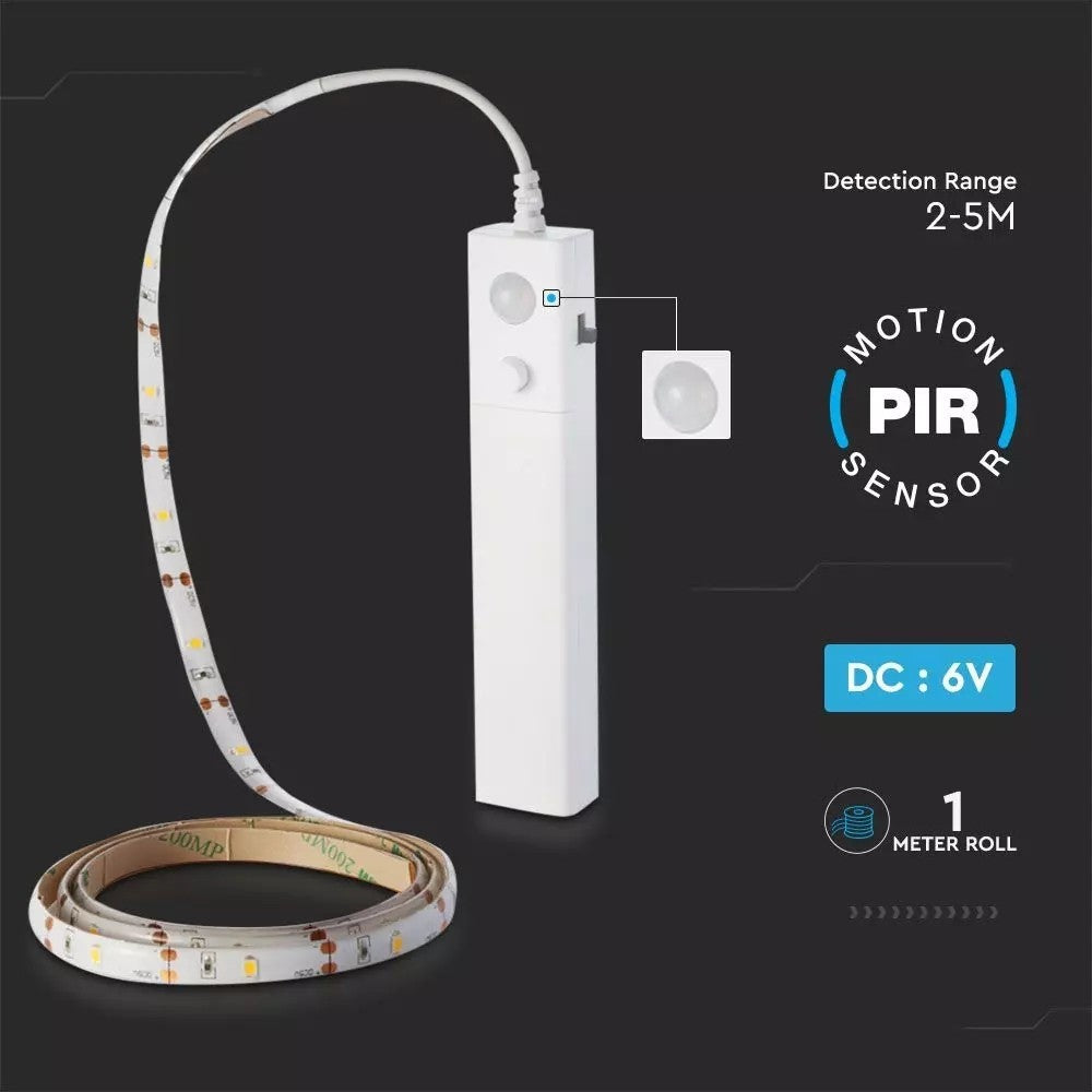 V-Tac 2,4W/m LED strip med PIR sensor, batteri og stænktæt beskyttelse - 1m, 6V, IP65