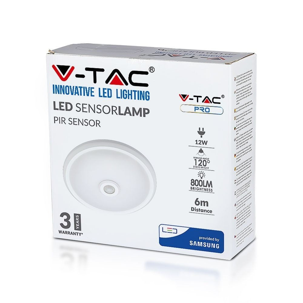 V-Tac 12W LED sensorlampe - Samsung LED chip, PIR sensor, IP20 indendørs, 230V, inkl. lyskilde - Erstatning for 60W - 5 års garanti