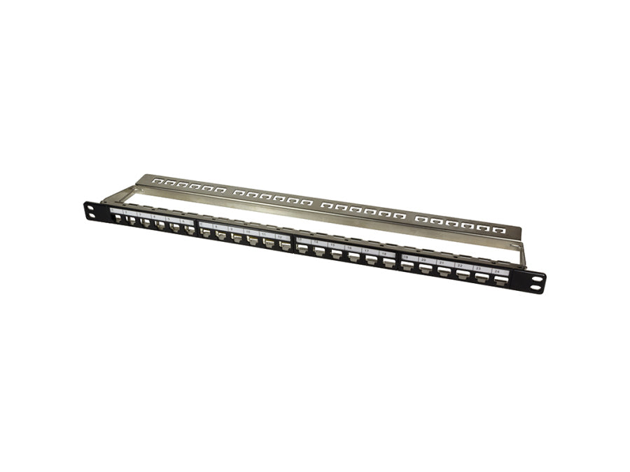 19" Patch panel - 0,5U, 24 x Keystone porte, m. jord, Sort