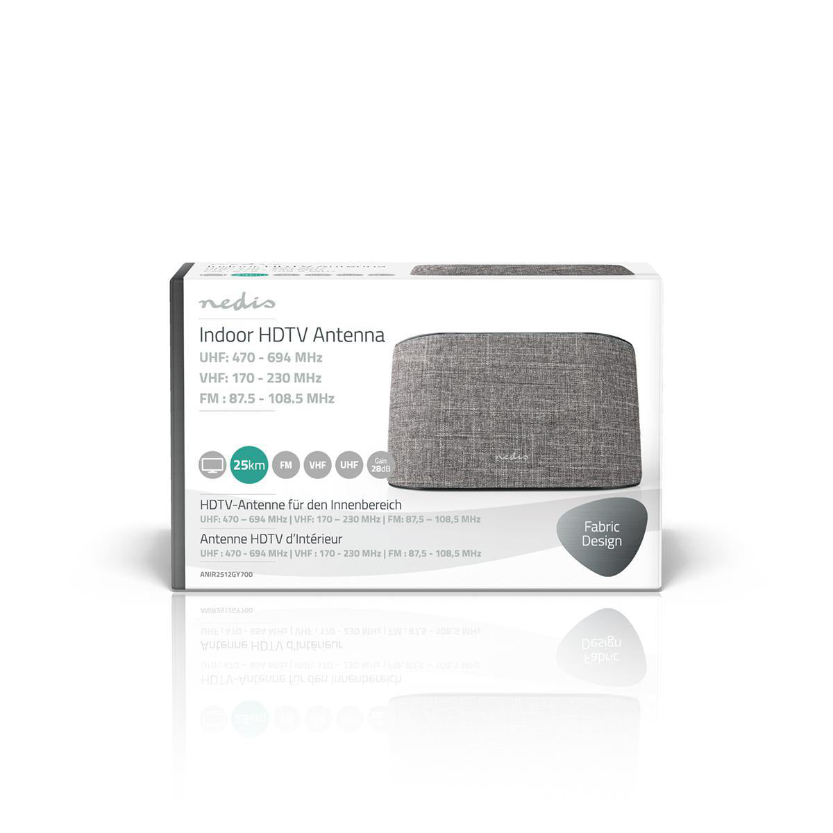 Indendørs DVB-T antenne - 0-25km, 28dB, FM/VHF/UHF, Grå