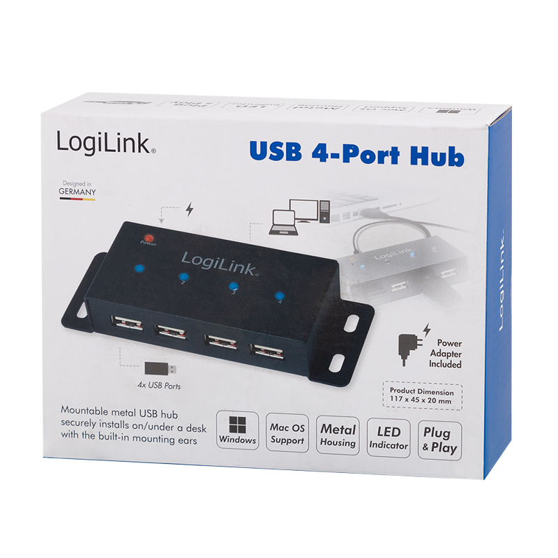USB 2.0 HUB - 4 porte inkl. 2A strømforsyning, til montage