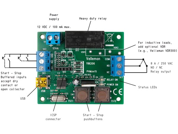Universal timer-relæmodul m. USB - 8A/250V (færdigsamlet)