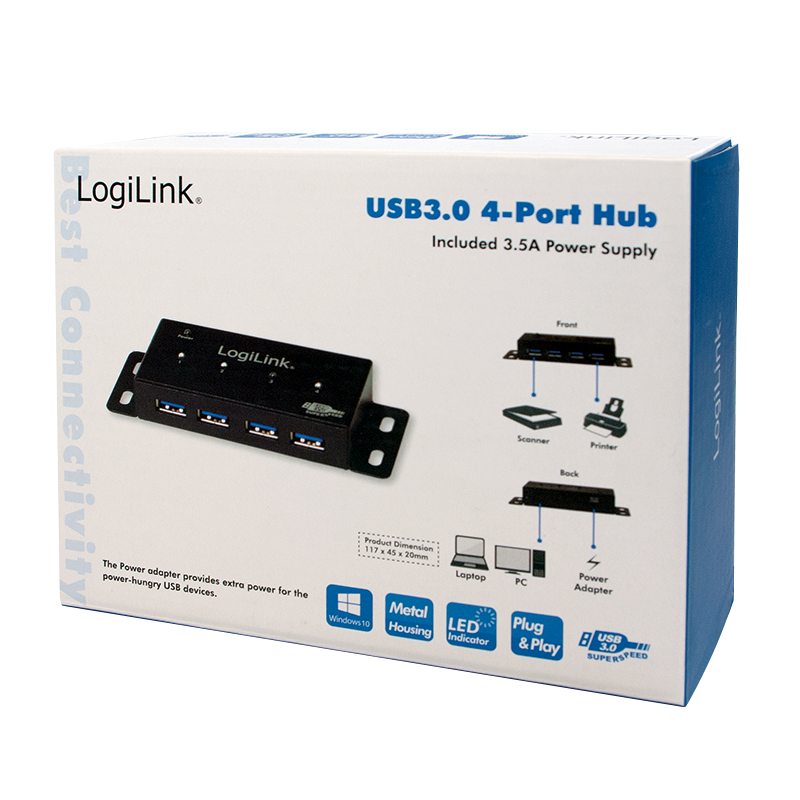 USB 3.0 HUB - 4 port inkl. Strømforsyning (3,5A) til montage