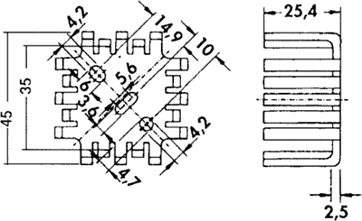 Køleplade - SOT9/TO3/TO66 m. huller (45x45x25mm)