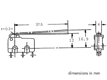 Mikroswitch m. lang arm - 3A/250V, ON-(ON) SPDT, loddeben