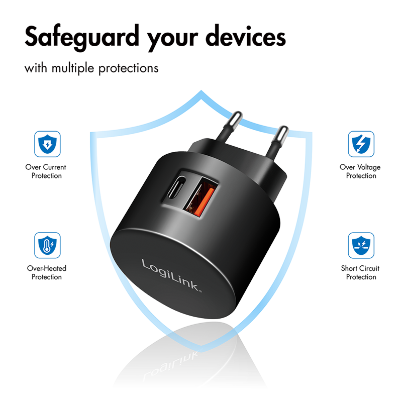 USB netadapter - 1xUSB-A QC (3A), 1xUSB-C PD (20W), Sort