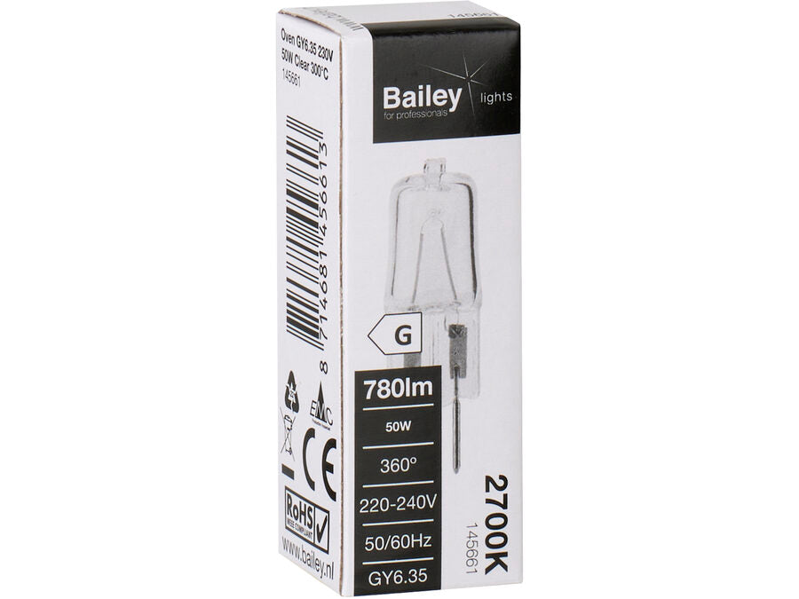 G6.35 halogenstiftpære - 230V 50W, 300° (2700K 1000h)