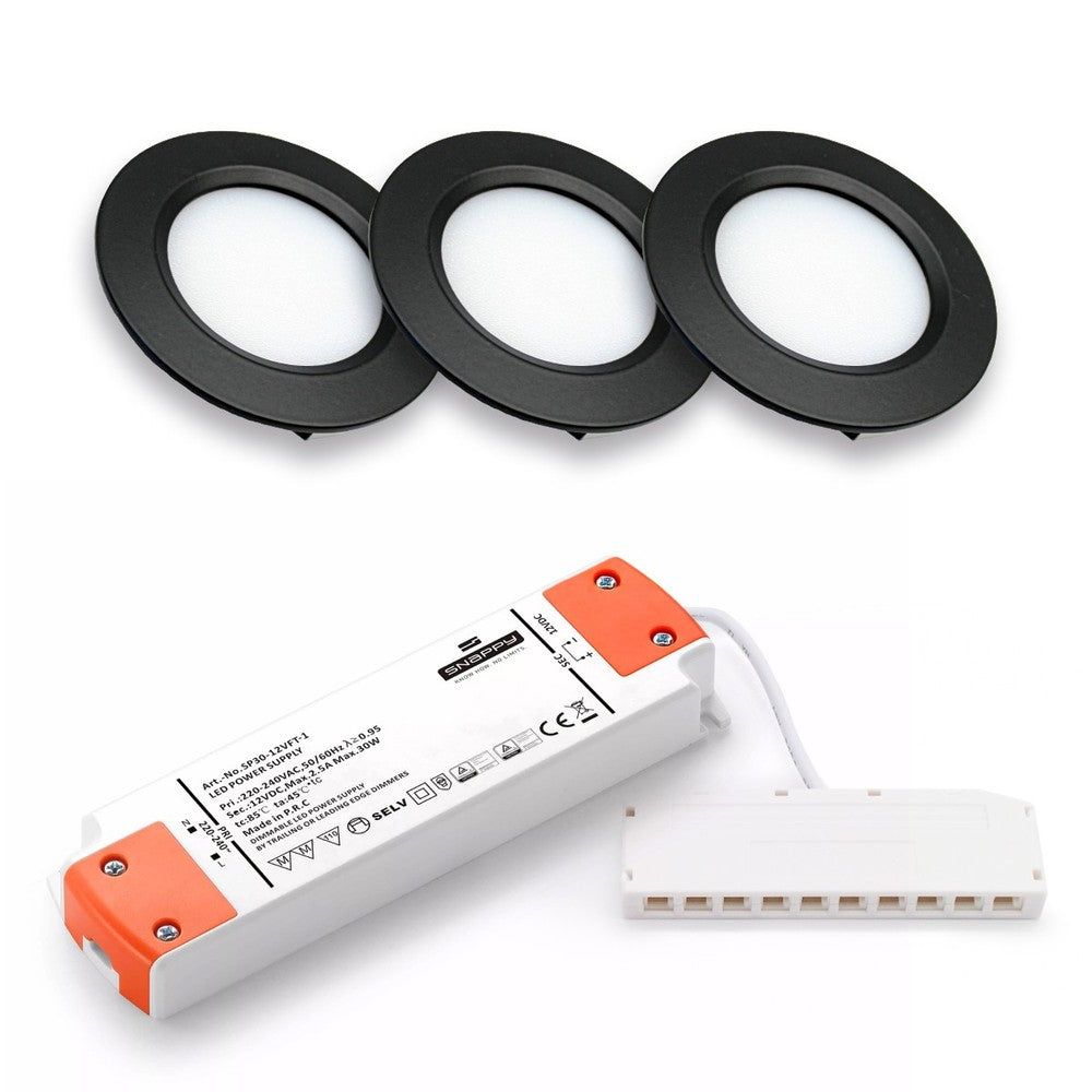 LEDlife Reco68 Sort Møbelspot 3-pak m. Dæmpbar Strømforsyning - 2,5W, 12V, 180lm, RA80