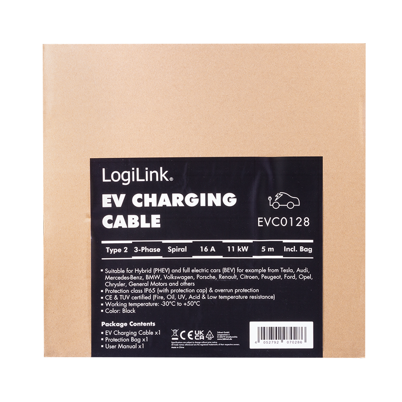 Spiral ladekabel til elbil - 11kW, 16A, 3-faset, type 2 (5m)