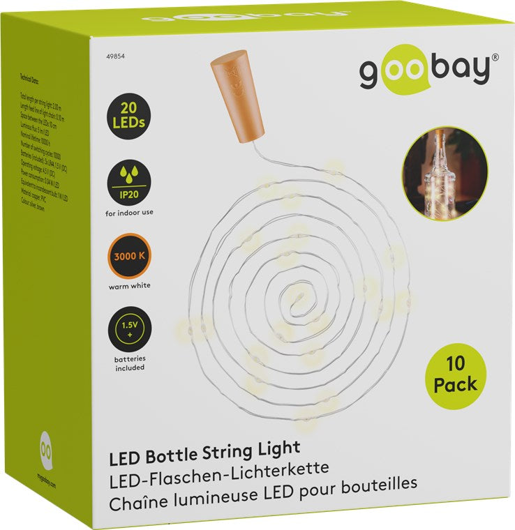 LED lyskæde med prop til flasker - 20 LEDs, 2m (10 stk.)