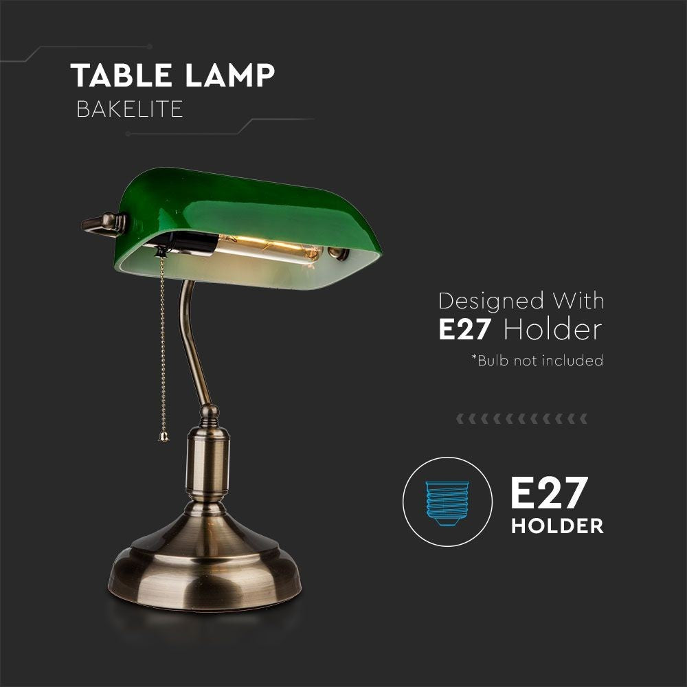 V-Tac Klassisk skrivebordslampe - Grønt glas, 1,5 meter ledning, E27 fatning, uden lyskilde