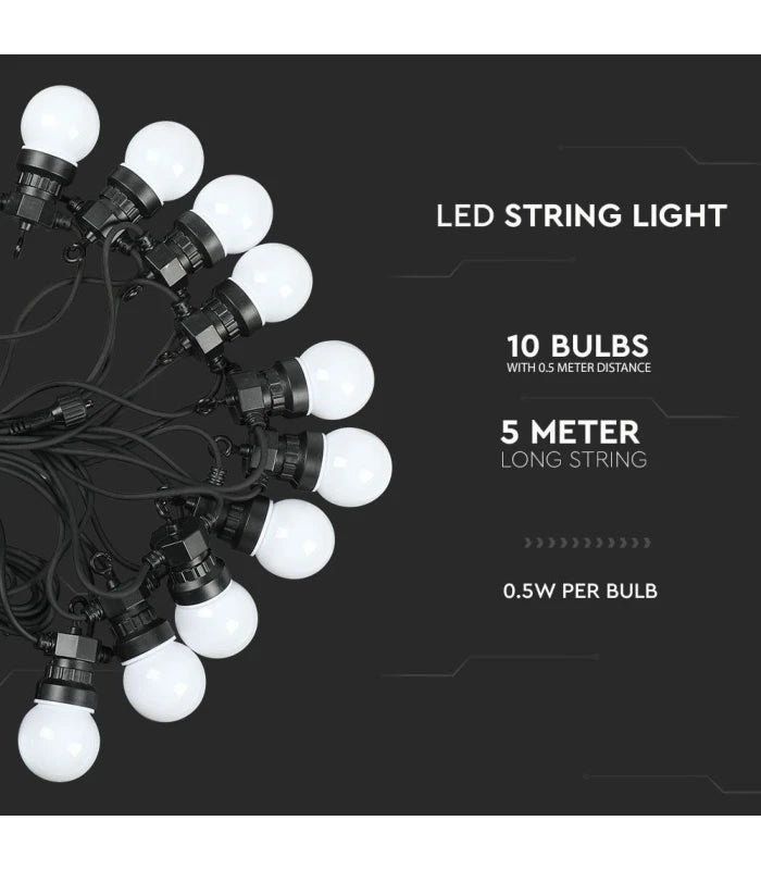 V-Tac LED lyskæde - 10 pærer, 5 meter, IP44, inkl. lyskilde, 5W, 230V, 300lm