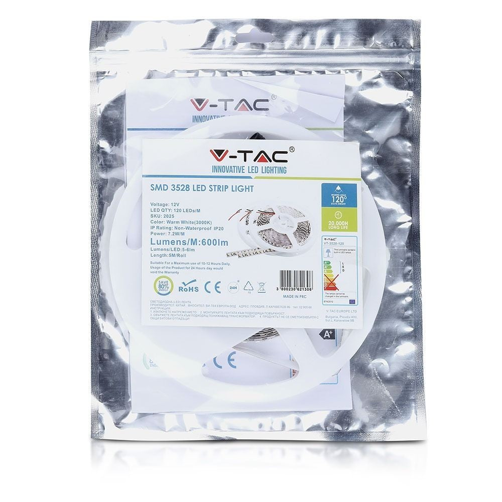 V-Tac 7,2W/m LED strip 8mm bred - 5m, 120 LED pr. meter (800lm/m, RA80)