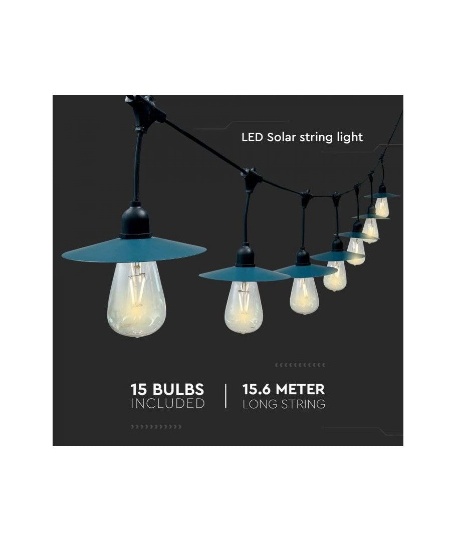 V-Tac Solcelle lyskæde med 15 stk. 0.2W pærer - 15 meter, IP44, inkl. lyskilde - 1,75W effekt, 50lm