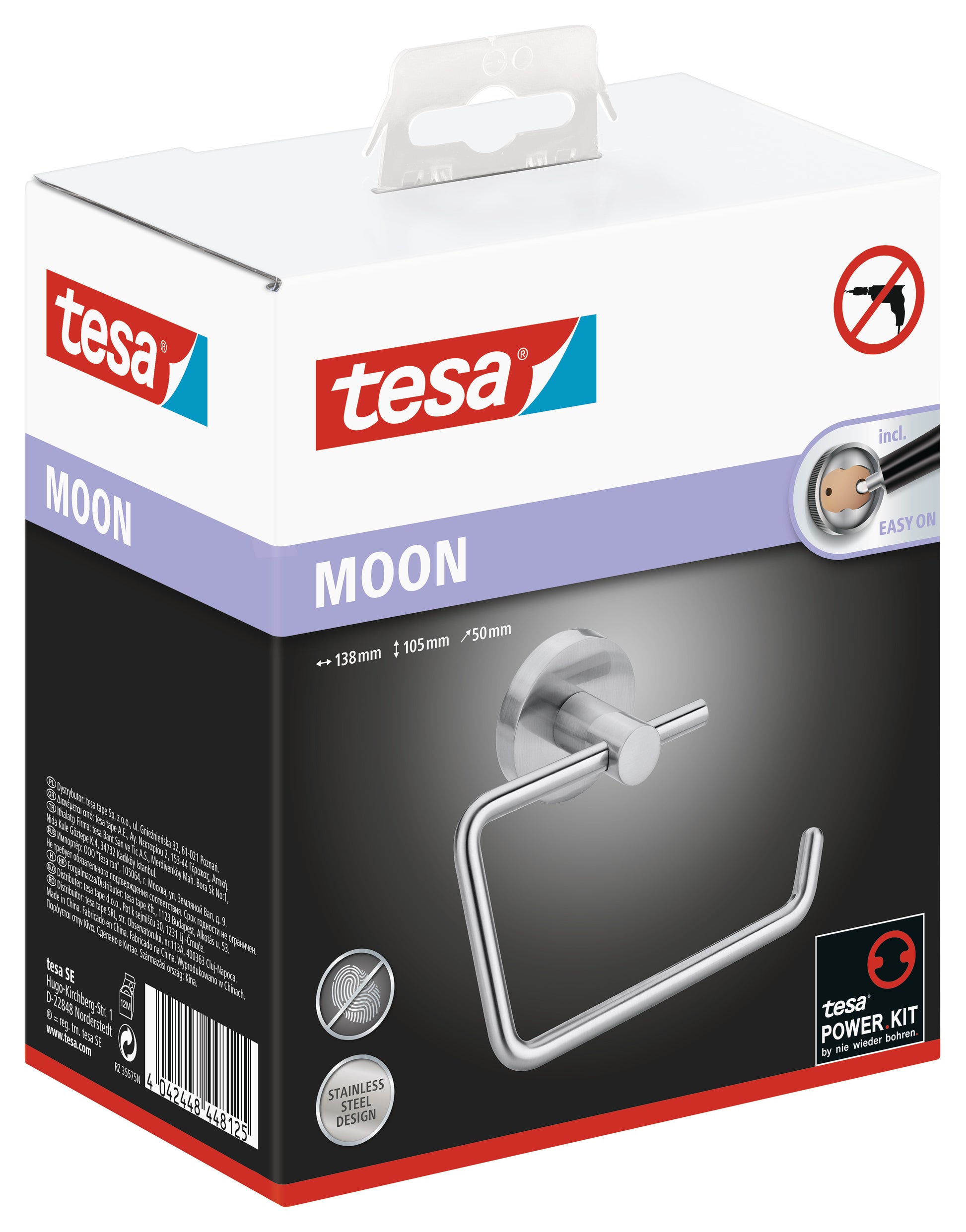 tesa® Moon toiletpapirholder uden låg rustfrit stål-look