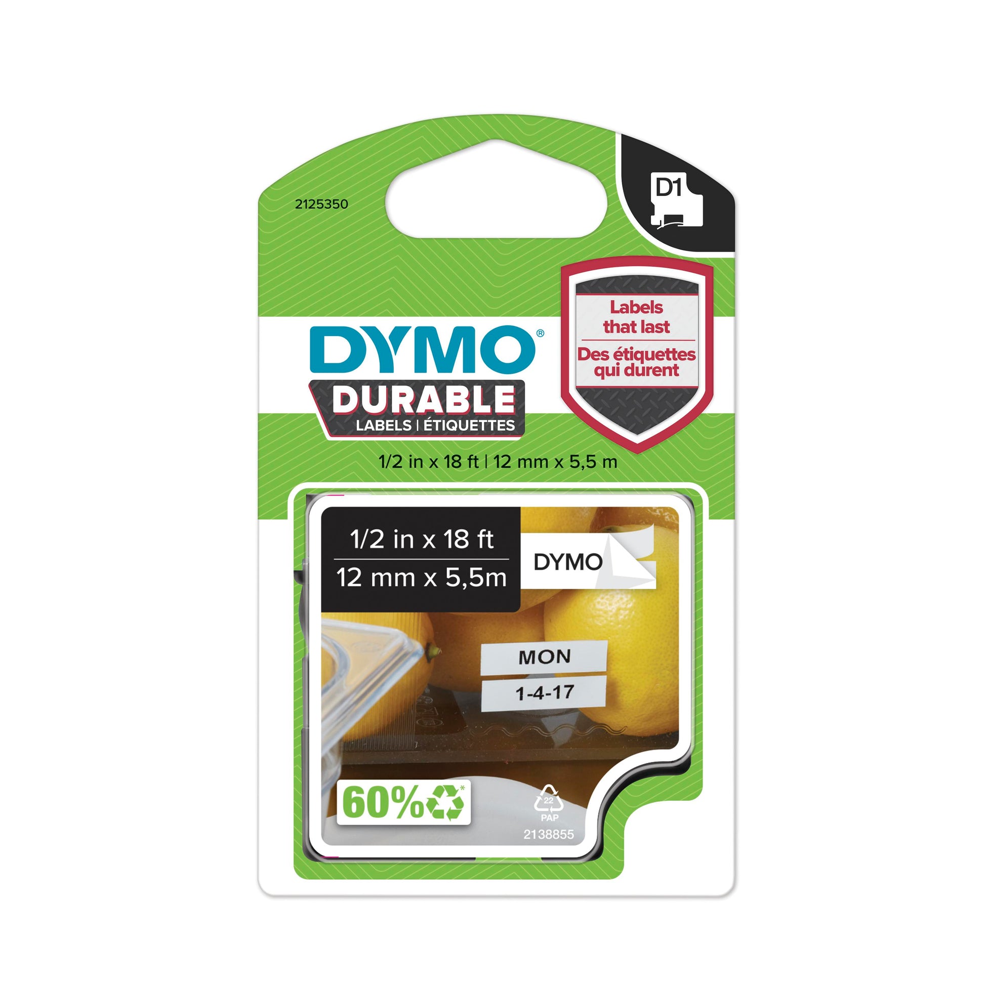 DYMO D1 Durable tape sort på hvid 12mmx5,5m