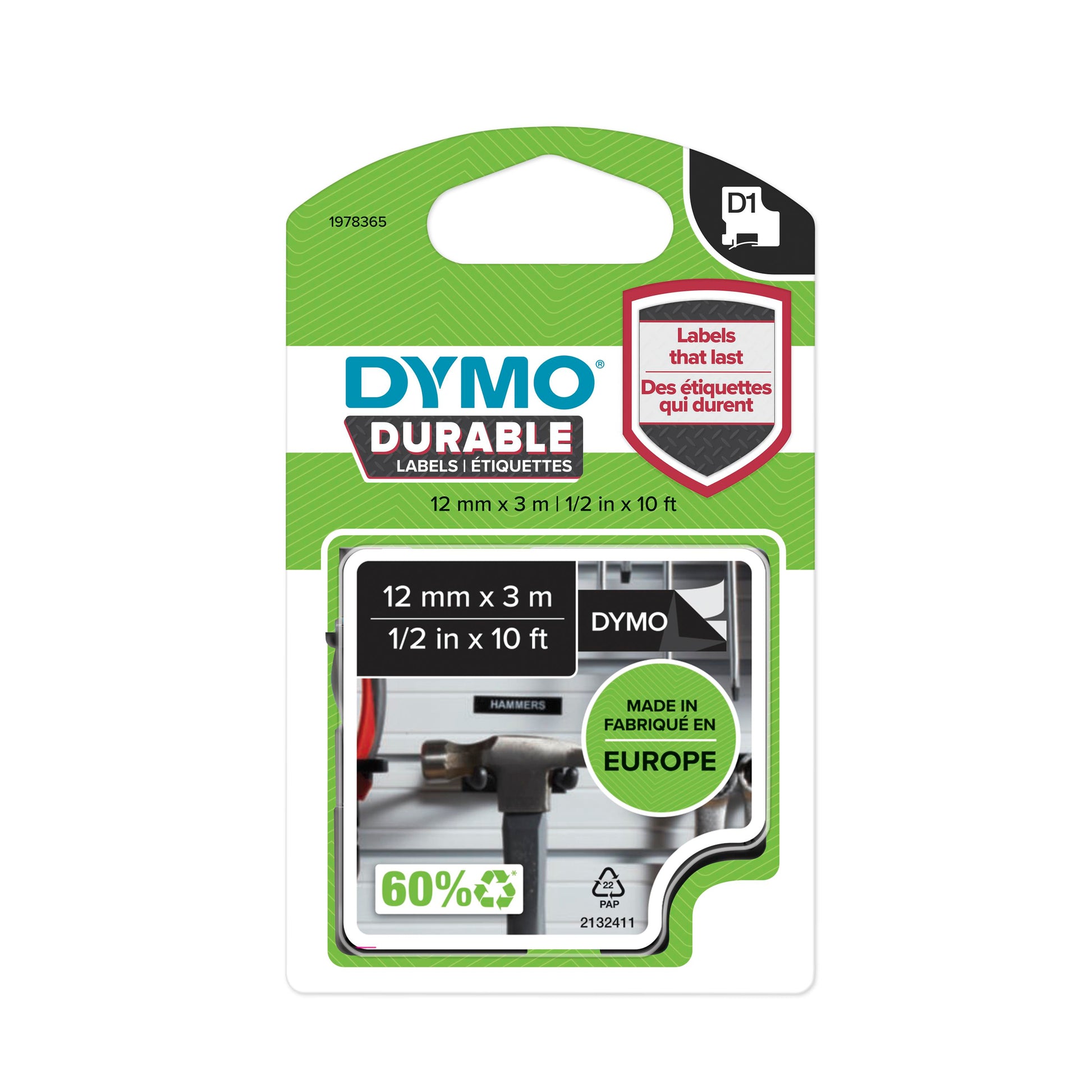 DYMO D1 Durable tape fvid på sort 12mmx3m
