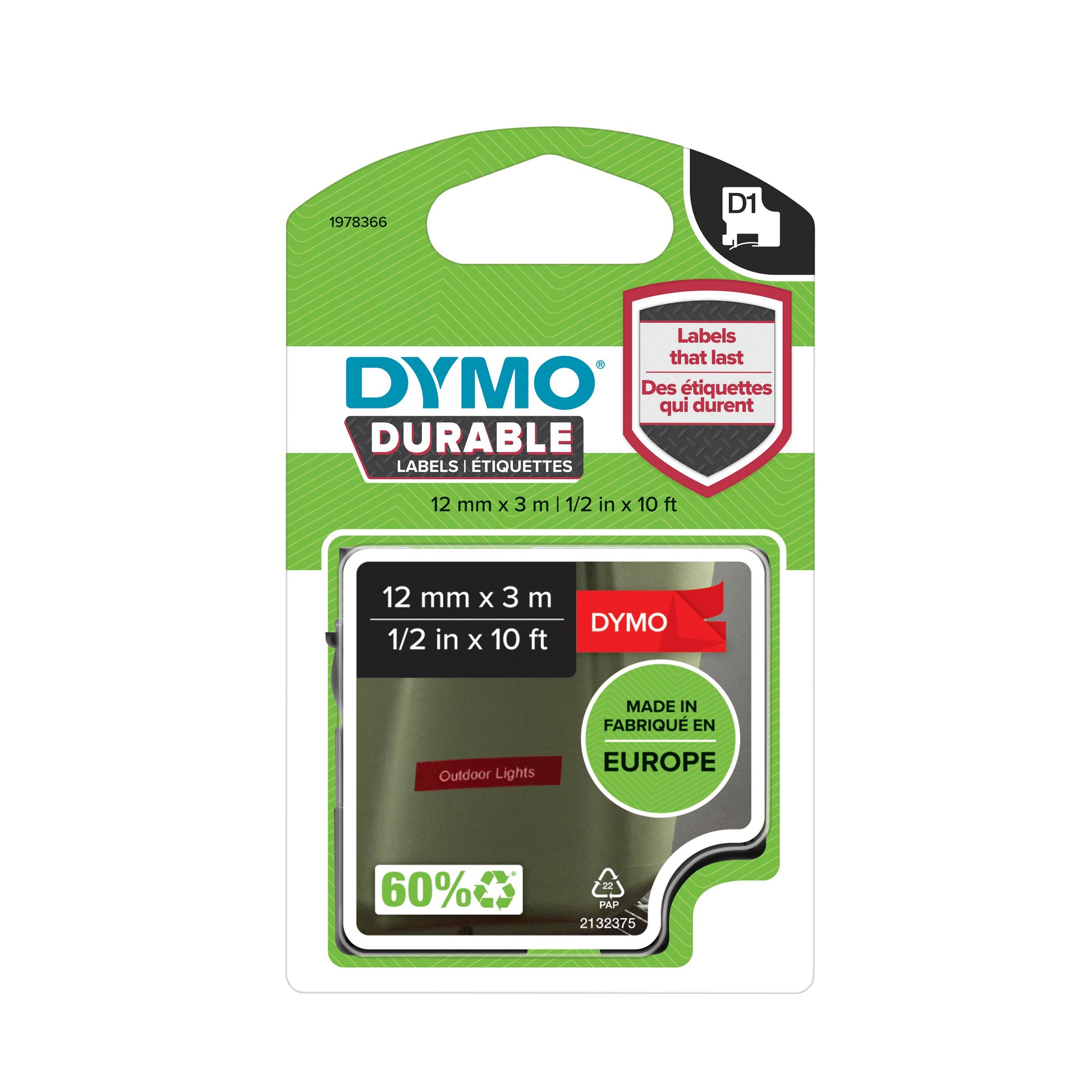 DYMO D1 Durable tape hvid på rød 12 mmx3m