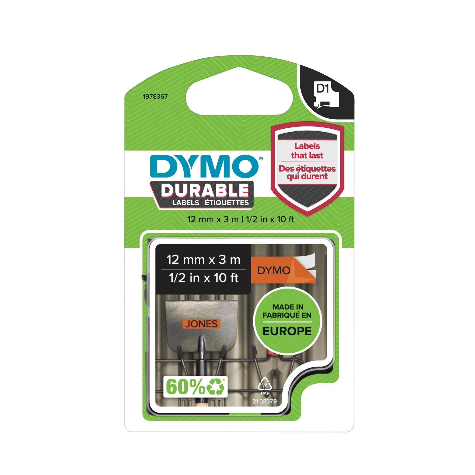 DYMO D1 Durable tape sort på orange 12mmx3m