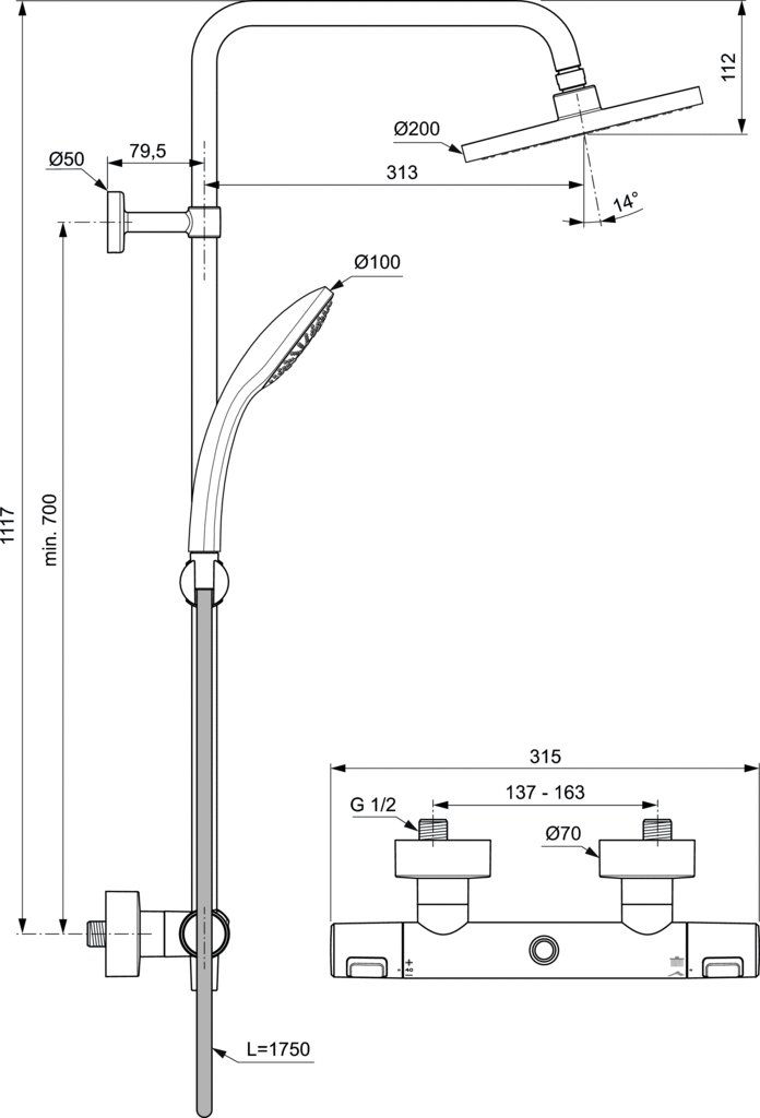 Ideal Standard Idealrain T25 Brusesystem Ø100/Ø200, sort