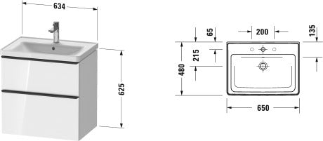 Duravit D-Neo sæt (skab+vask), hvid højglans, 2-skuffer, 650 mm
