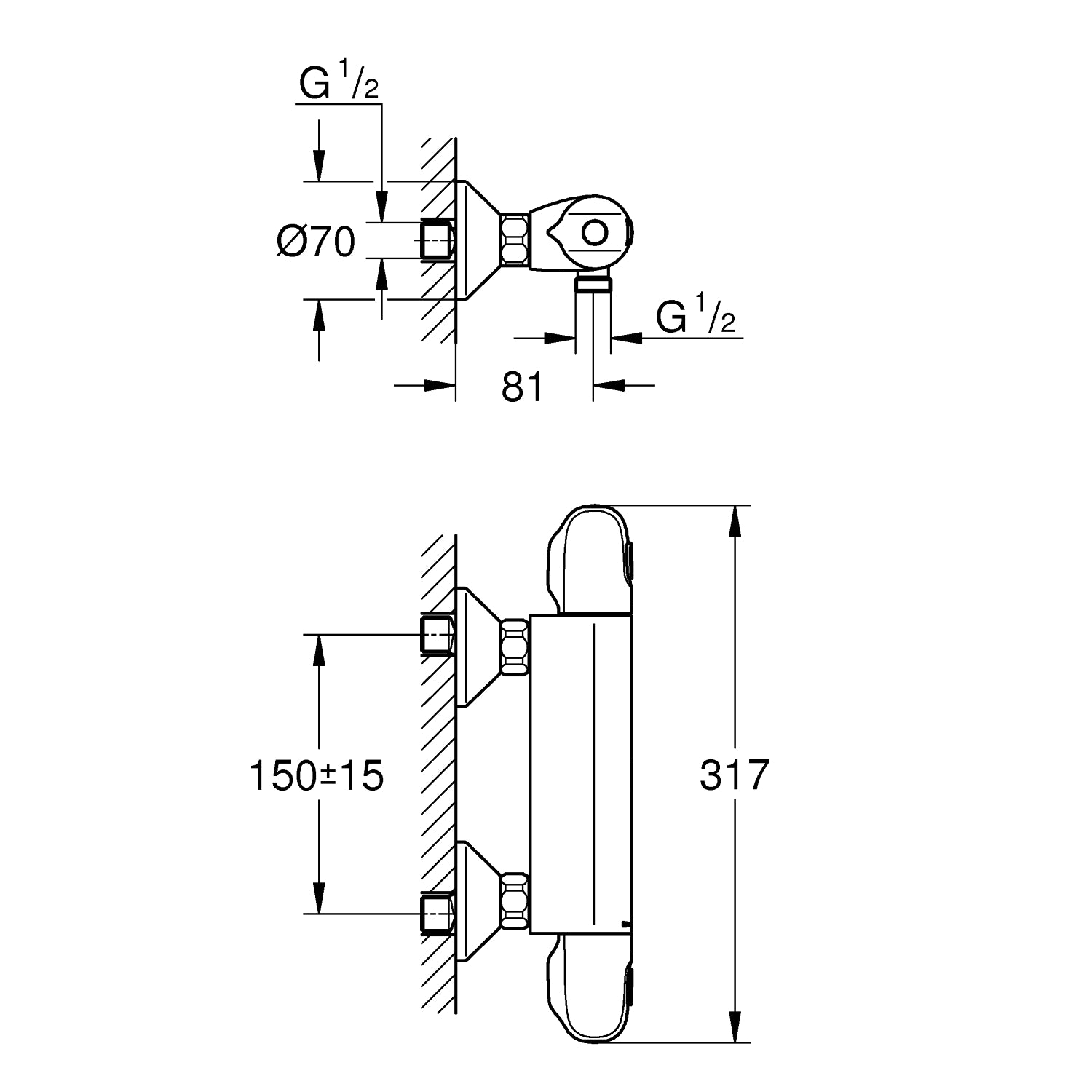 Grohtherm 1000 New termostatbatteri til brus, DN 15, vægmontage