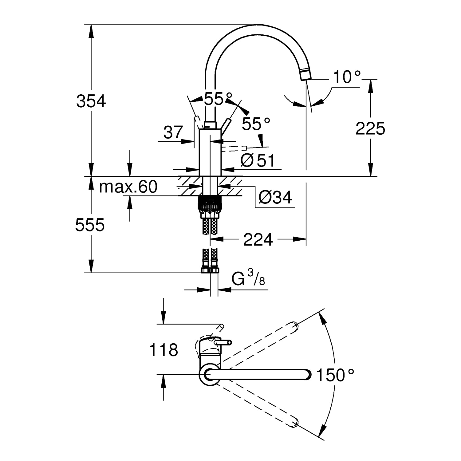 Grohe Concetto, Etgrebskøkkenbatteri, højt udløb, GROHE Zero