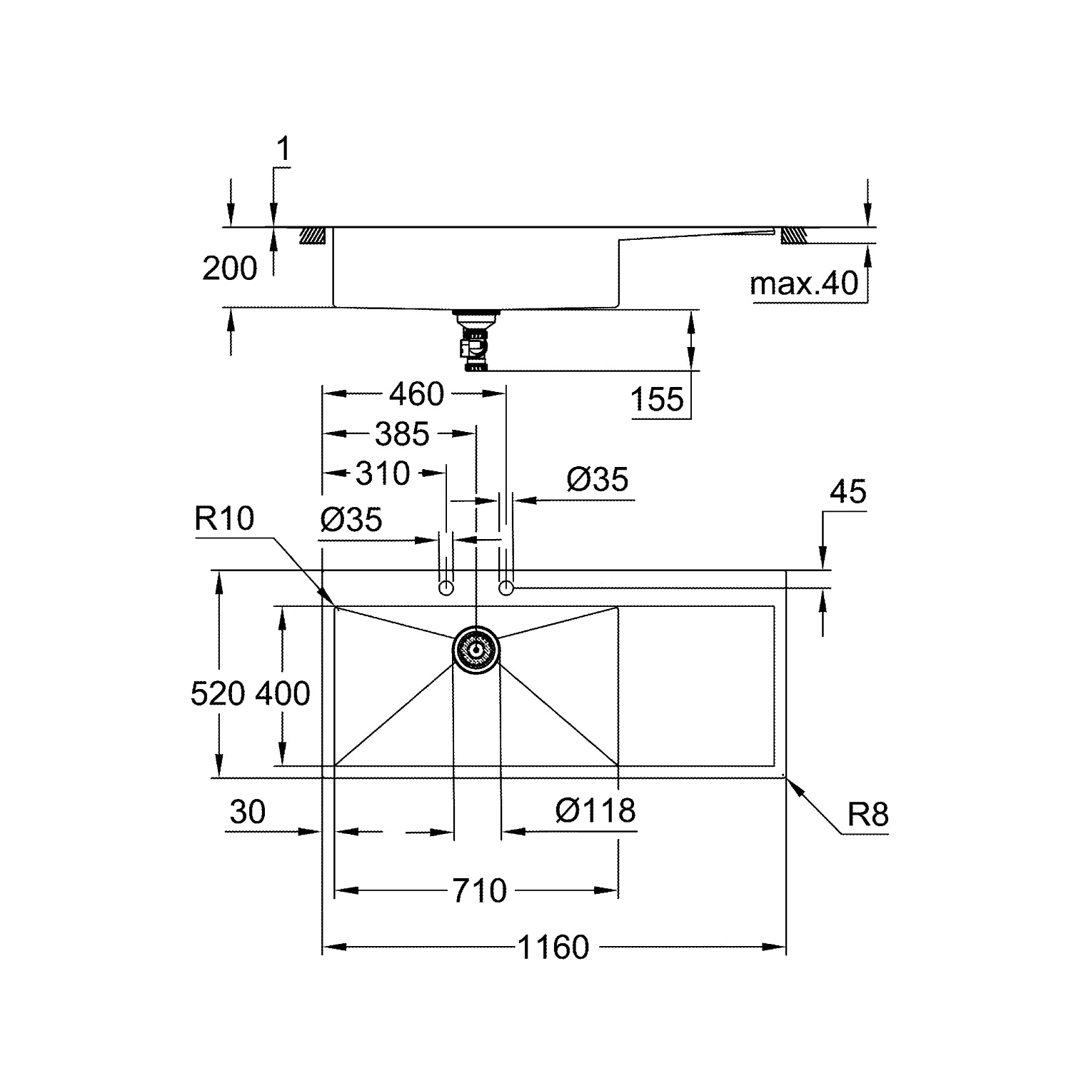 GROHE K1000, Rustfri stålvask, nedfældet/planlimet, 1160x520mm