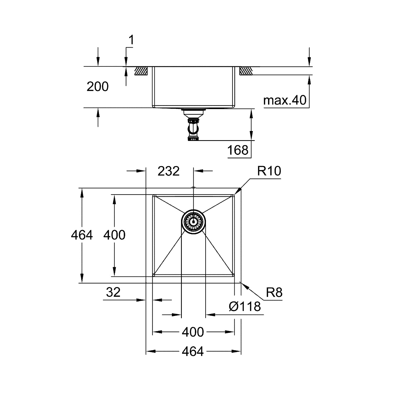 GROHE K700 Rustfri stålvask, under/planlimet/nedfældet 464x464mm
