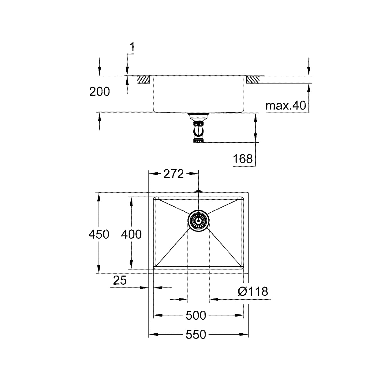 GROHE K700, Rustfri stålvask, underlimet, 540 x 440 mm