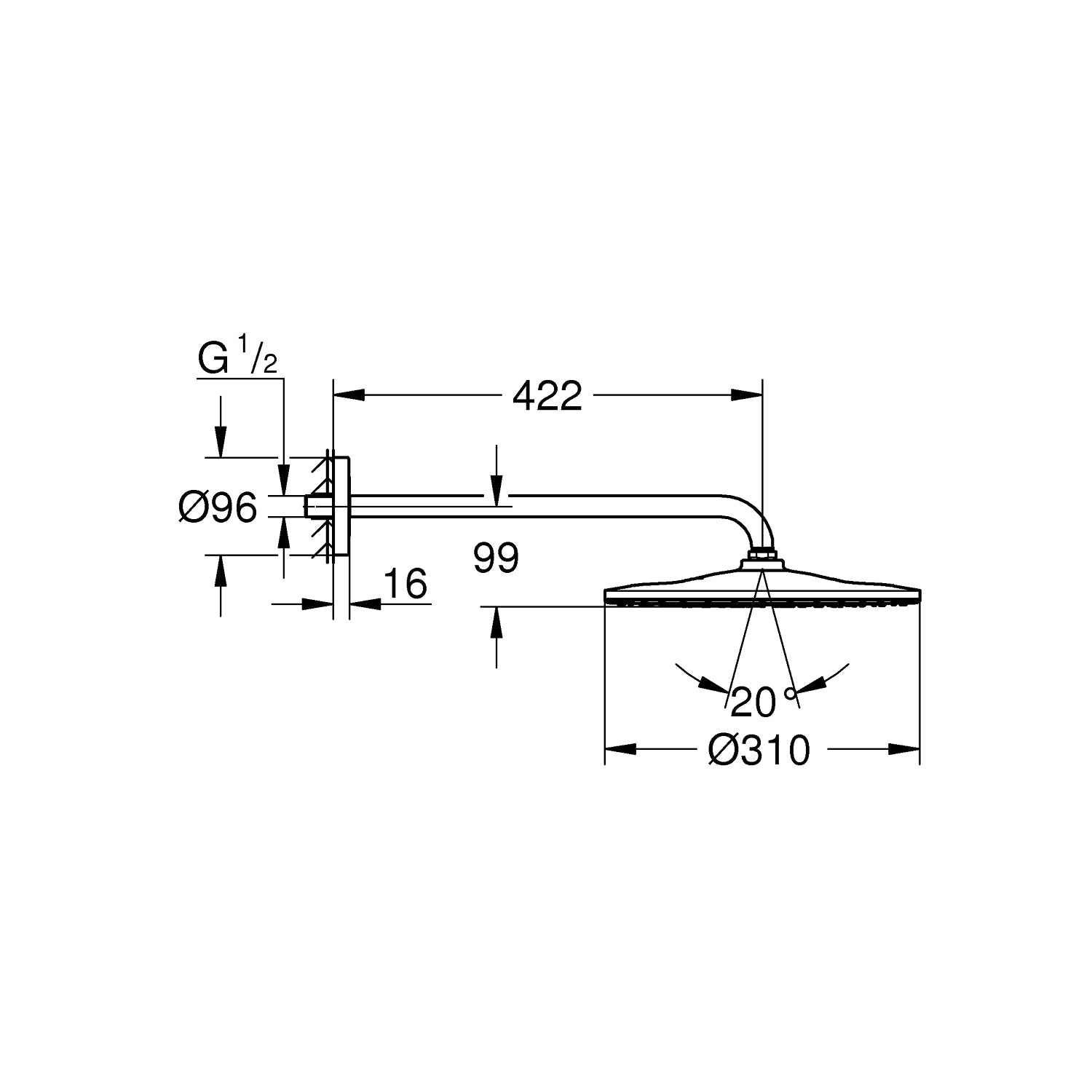 Grohe Rainshower 310 Mono, Hovedbruser sæt 422 mm, 1 spray