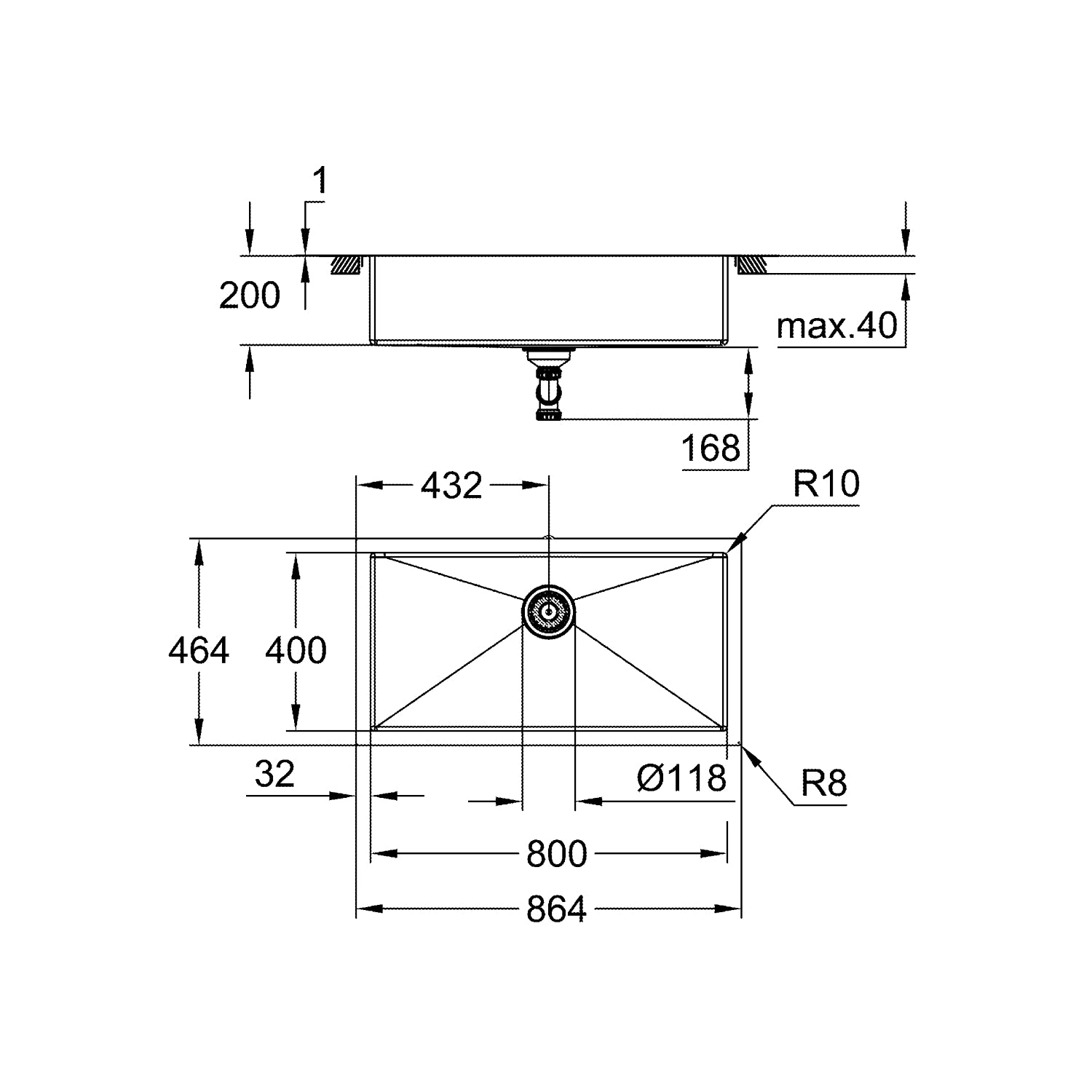 GROHE K700 Rustfri stålvask, under/planlimet/nedfældet 864x464mm
