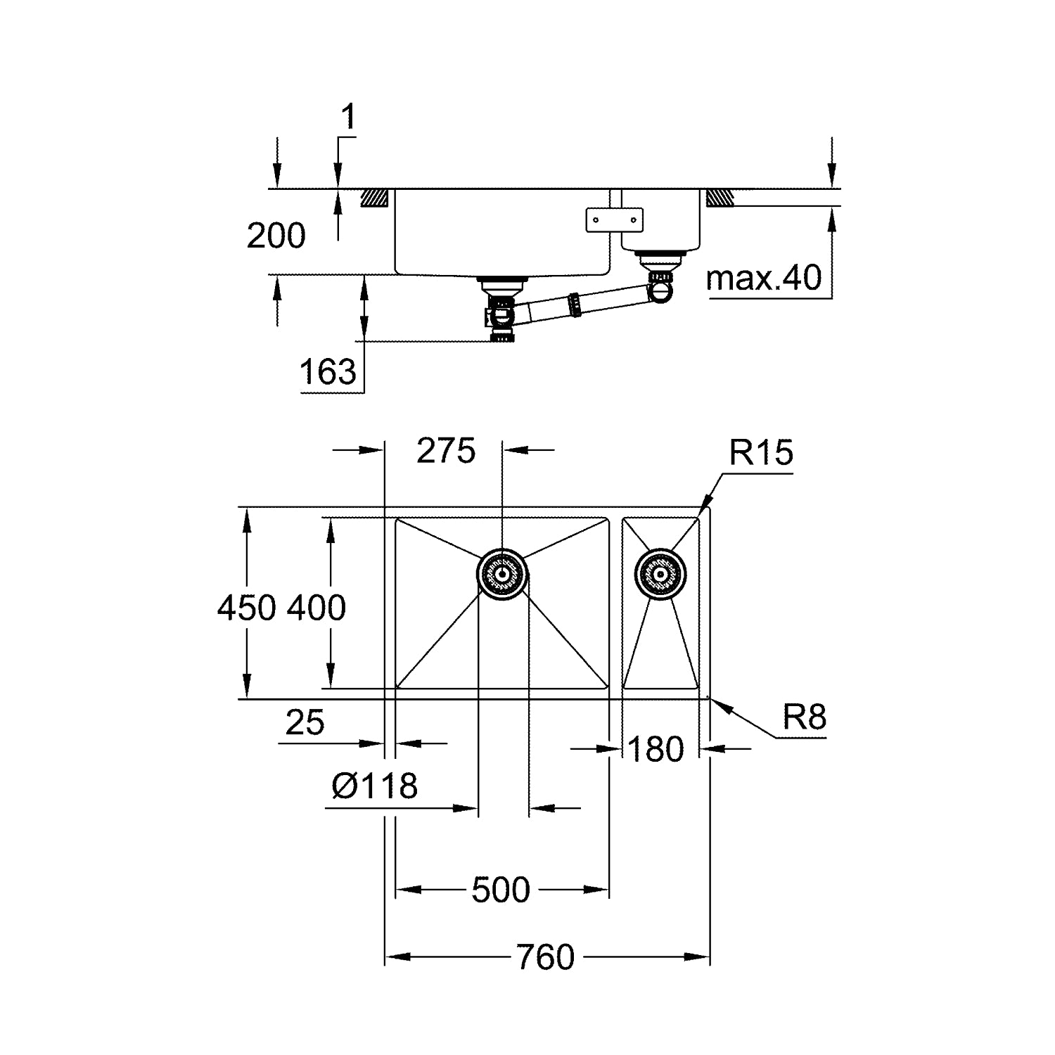 GROHE K700 Rustfri stålvask, under/planlimet/nedfældet 760x450mm