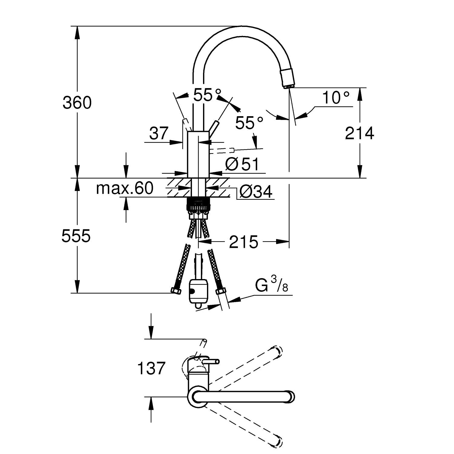 Grohe Concetto, Etgrebskøkkenbatteri, højt udløb, GROHE Zero