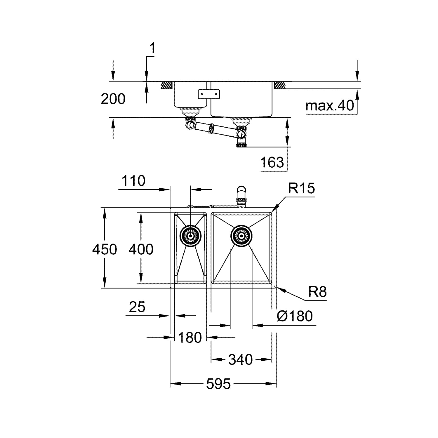 GROHE K700 Rustfri stålvask, under/planlimet/nedfældet 595x450mm