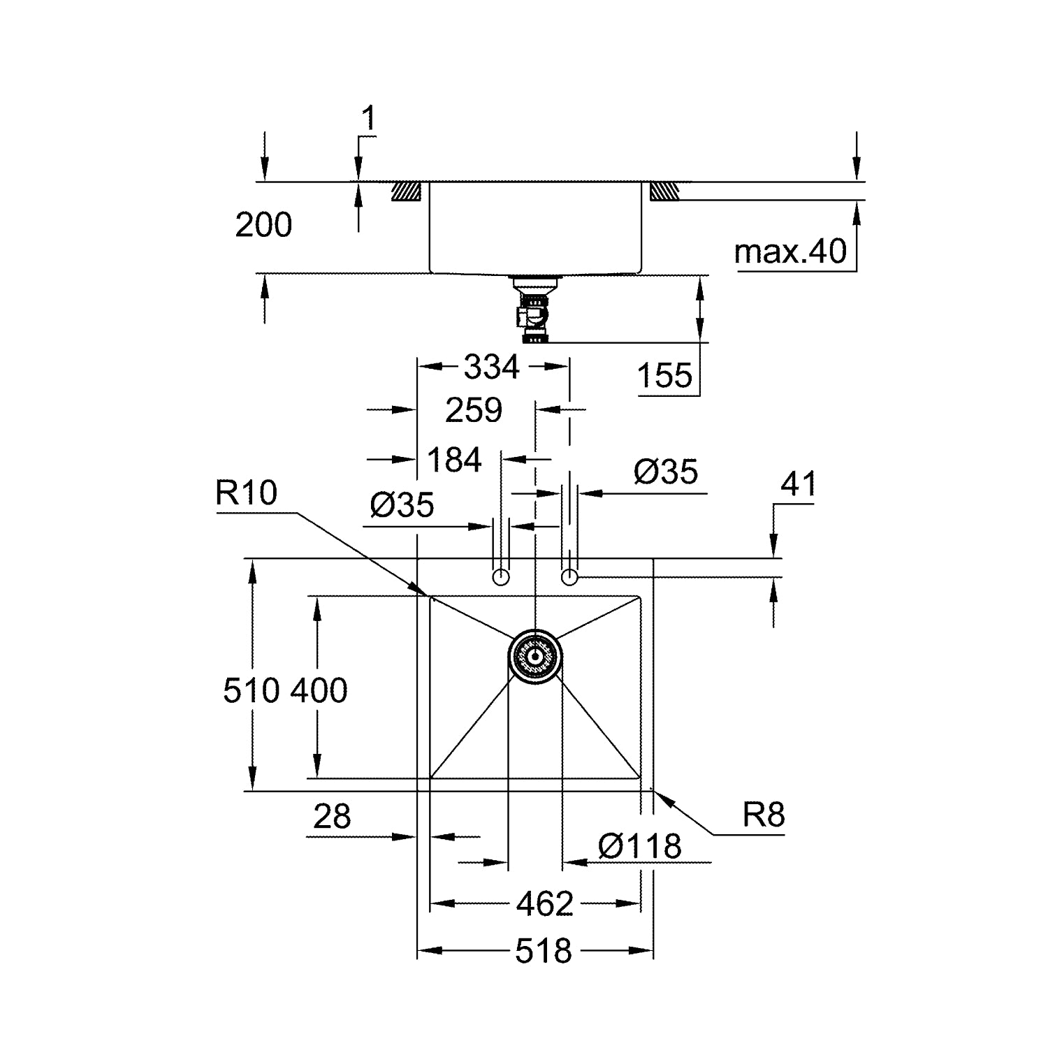 GROHE K800, Rustfri stålvask, nedfældet/planlimet, 518x510mm