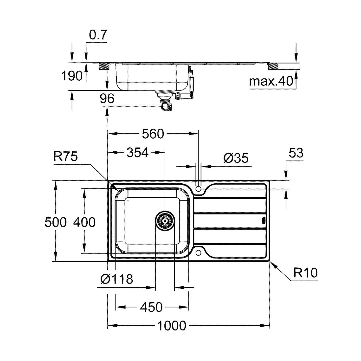 GROHE K500 Køkkenvask, rustfrit stål, nedfæld/planlim, 965x500mm