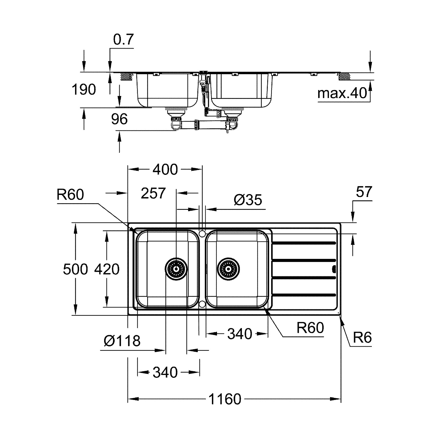 GROHE K500 Køkkenvask, rustfrit stål, nedfæld/planlim 1160x500mm