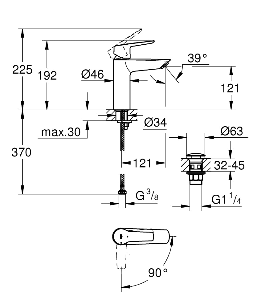 GROHE etgrebsbatteri 192mm tud 1hul/koldstart t/hv/click messing